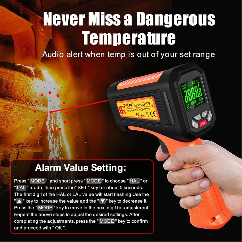 FKM 50:1-58°F ~3272°F Infrared Thermometer High Temperature Gun,Non Contact Digital IR Temp Gun,High Precision Laser Thermometer Gun for Cooking,Kilns,Forges,Engine,HVAC,Industrial and Home Repair - Image 5